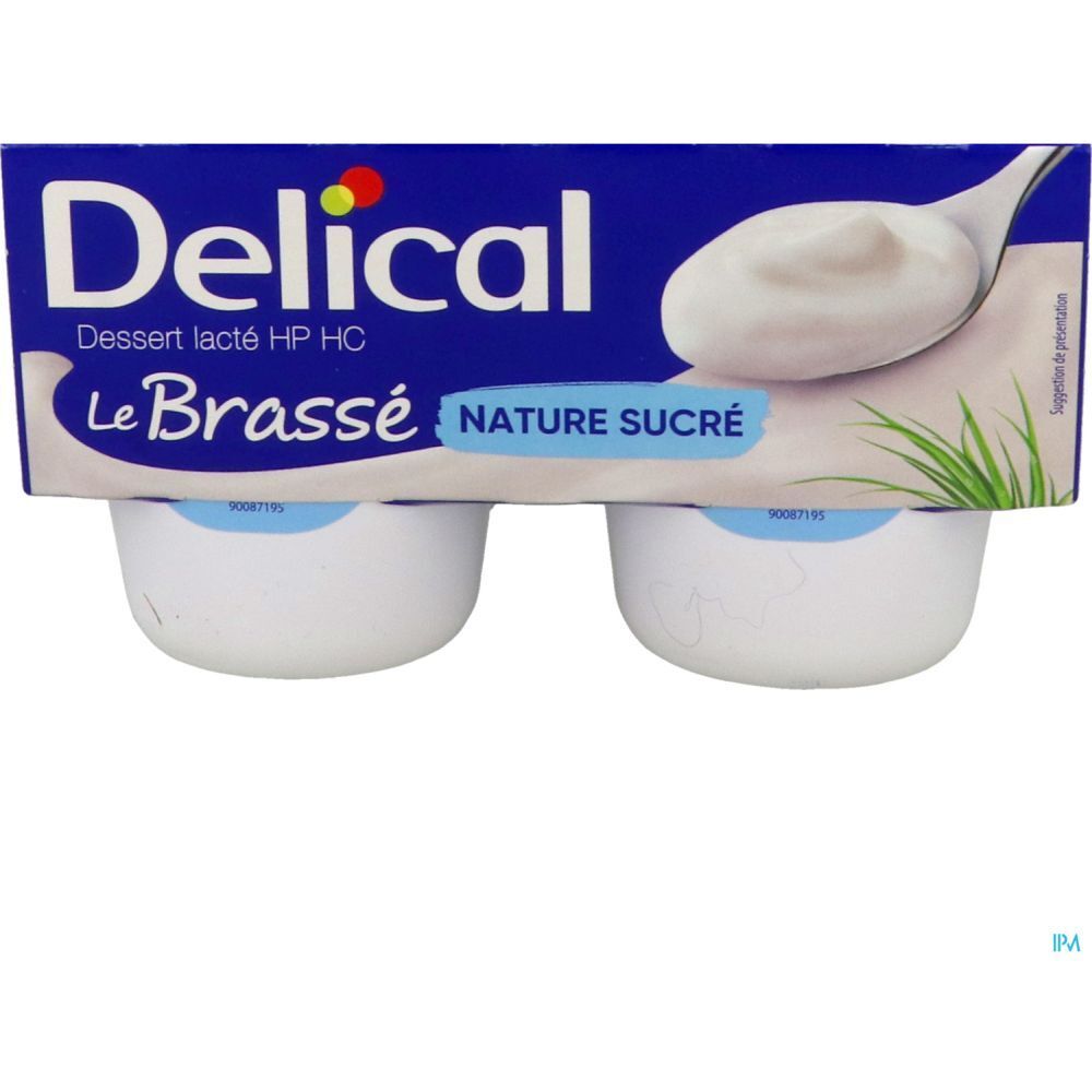 Emballage de quatre pots de Delical Dessert lacté HP HC Le Brassé Nature sucré. Emballage bleu avec logo du produit.