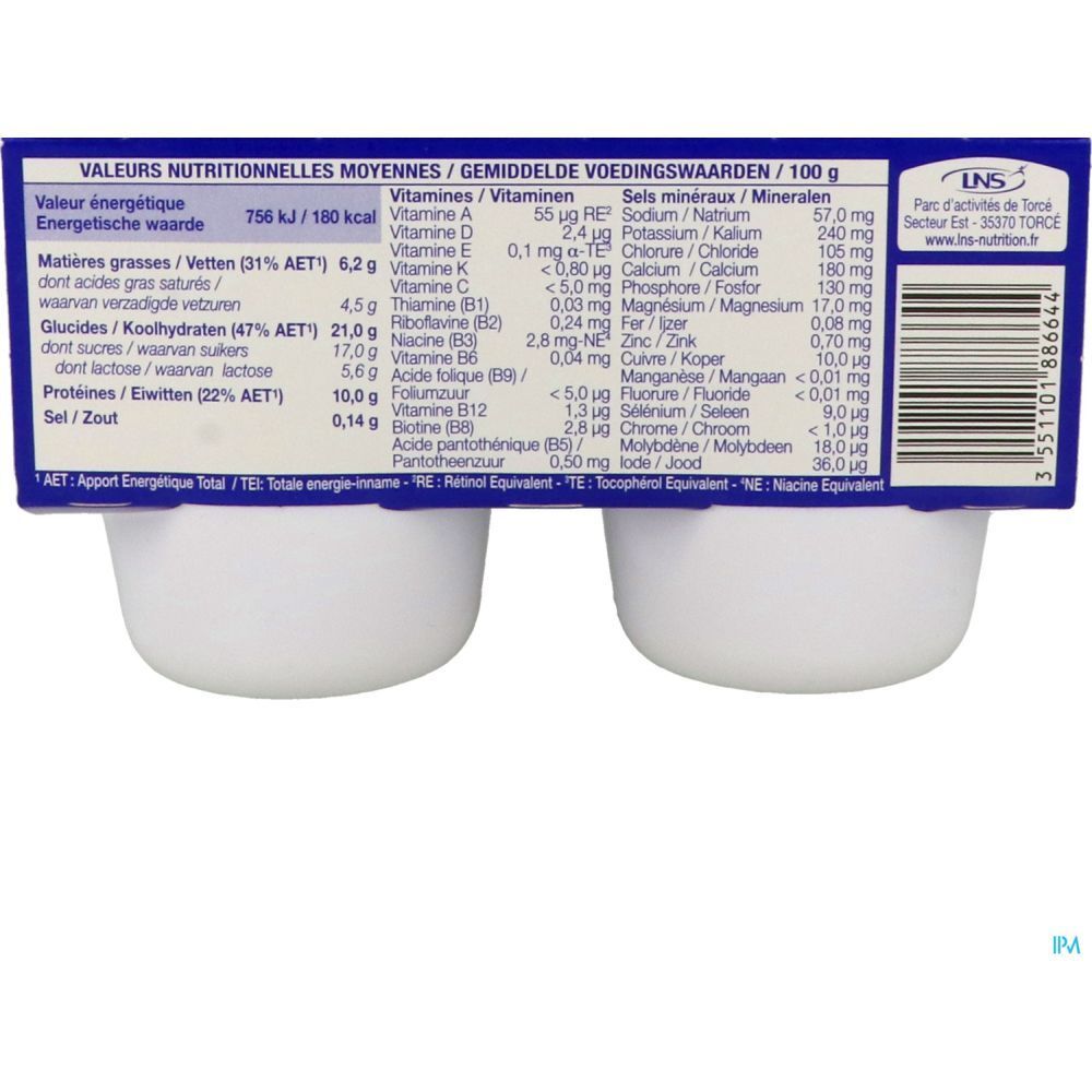 Dos de l'emballage avec informations nutritionnelles pour Delical Dessert lacté HP HC Le Brassé Nature sucré. Texte multilingue.