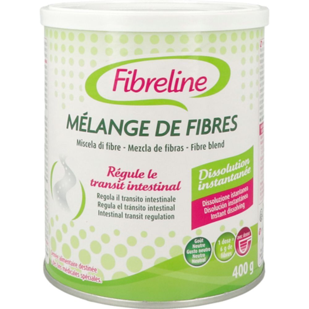 Boîte Fibreline Mélange de Fibres. Inscription: Mélange de Fibres, Régule le transit intestinal, 400g.