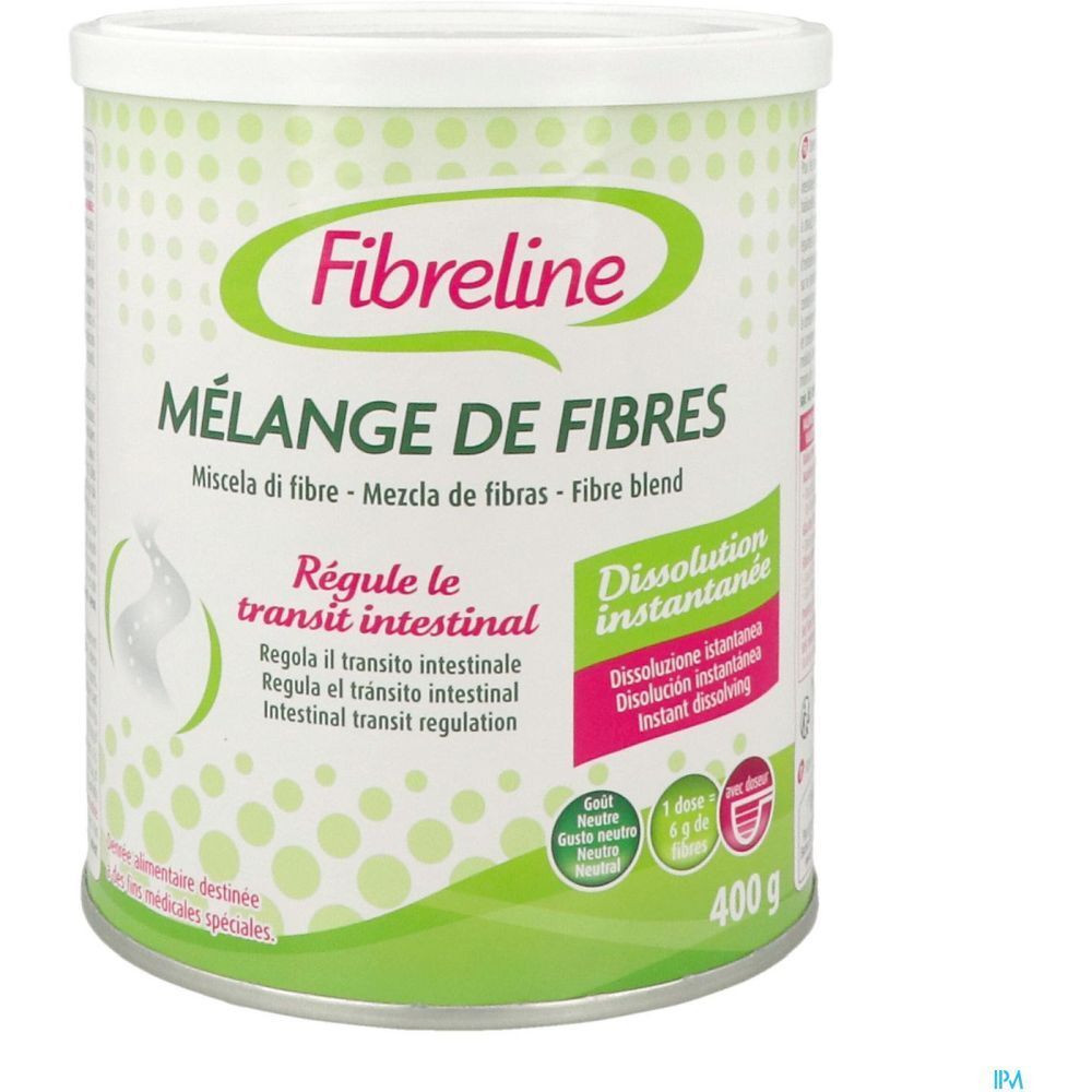Dos de la boîte Fibreline Mélange de Fibres. Texte multilingue, informations nutritionnelles, ingrédients.