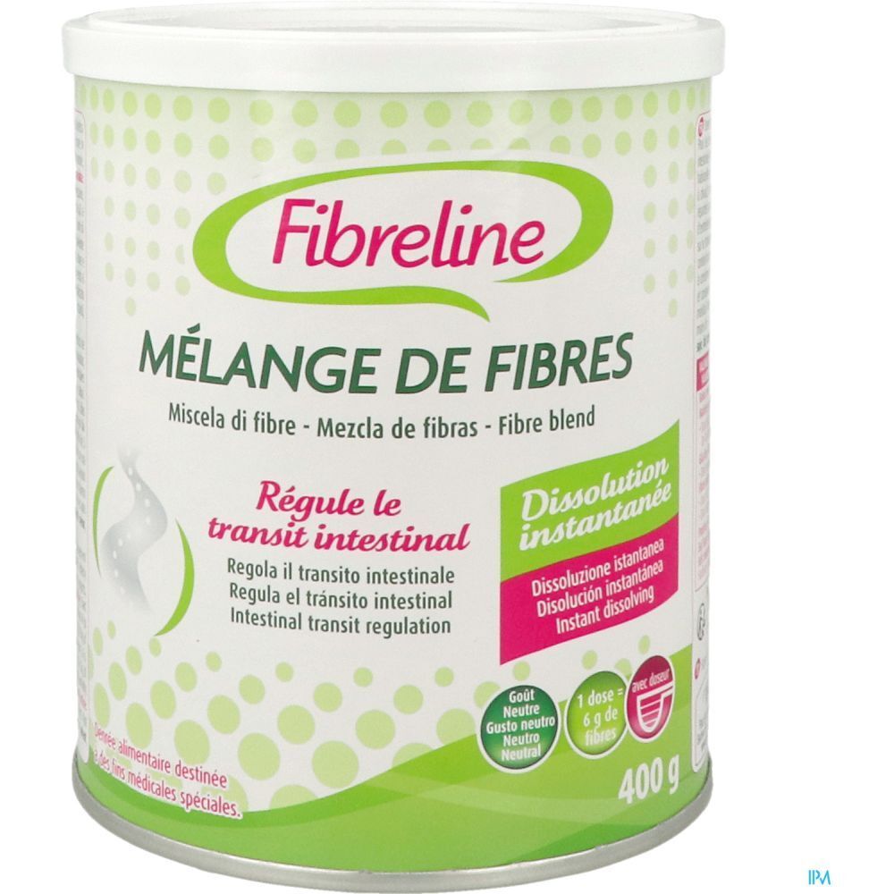 Boîte Fibreline Mélange de Fibres. Inscription: Mélange de Fibres, Régule le transit intestinal, 400g.
