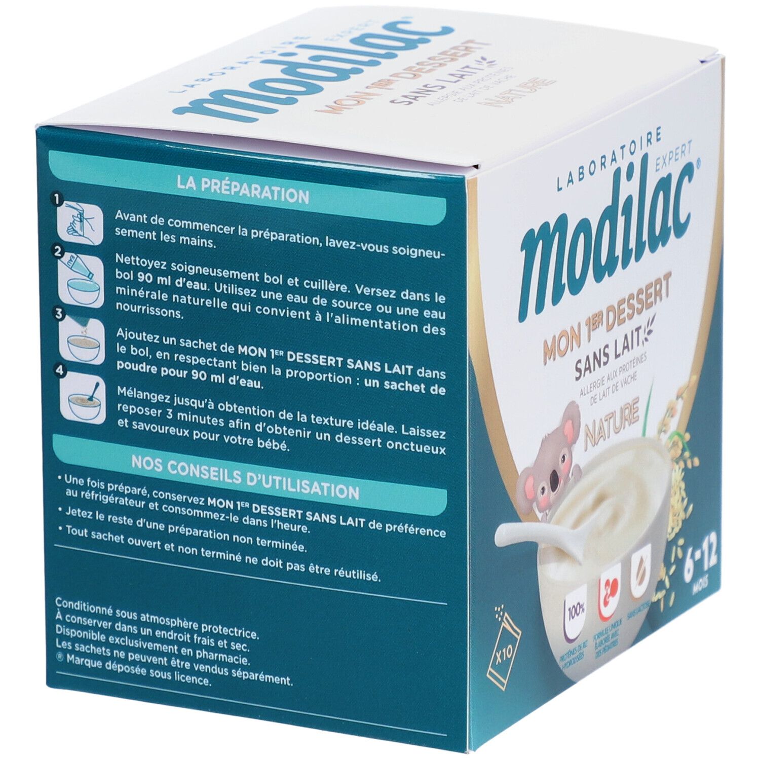 Boîte Modilac dessert sans lait nature. Inscriptions: préparation, conseils d'utilisation. Illustration koala. 10 sachets.