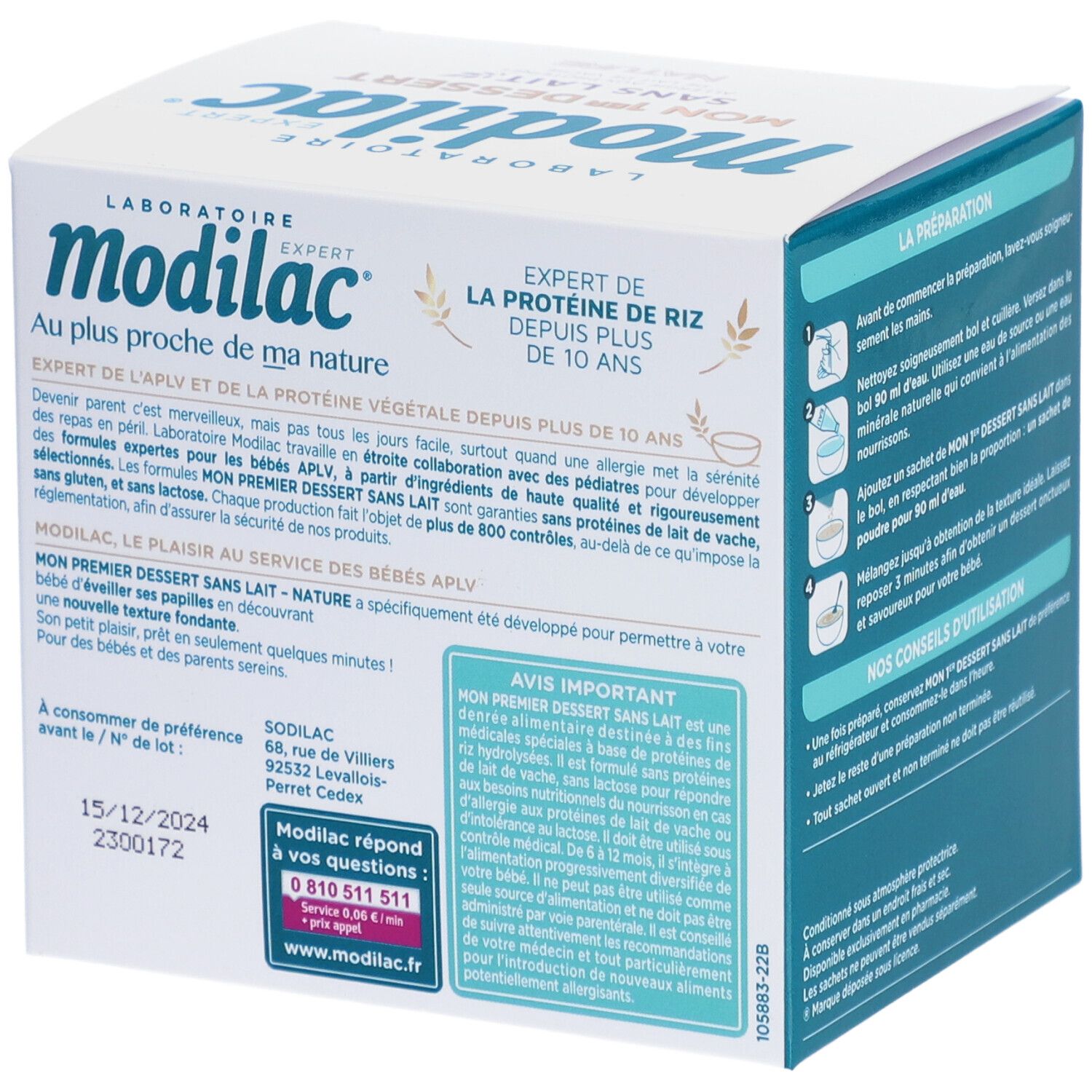 Boîte Modilac, dos. Texte: Expert en protéine de riz. Informations produit. Date de péremption. Coordonnées.