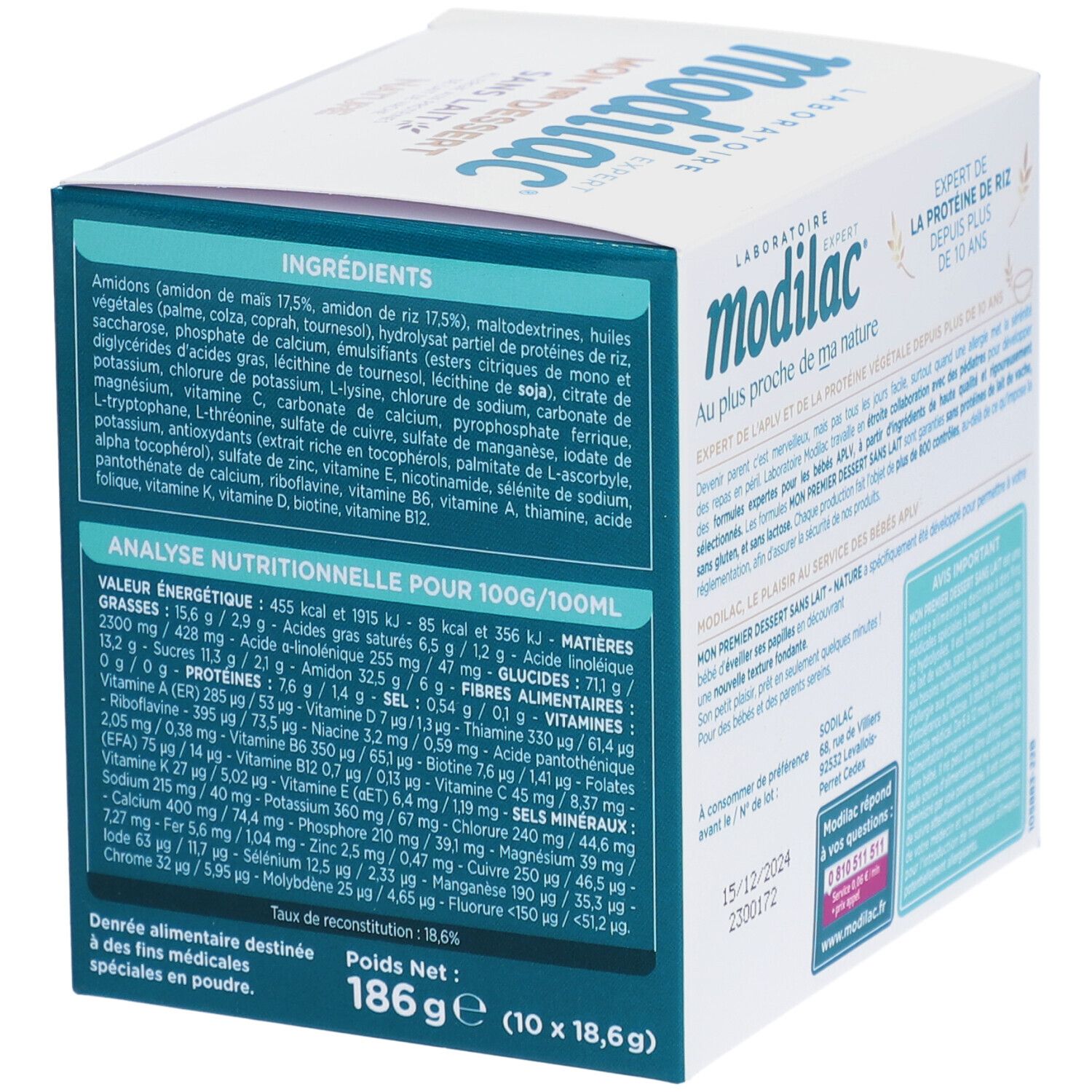 Boîte Modilac, détail. Liste des ingrédients et valeurs nutritionnelles pour 100g/100ml. Poids net: 186g (10 x 18,6g).