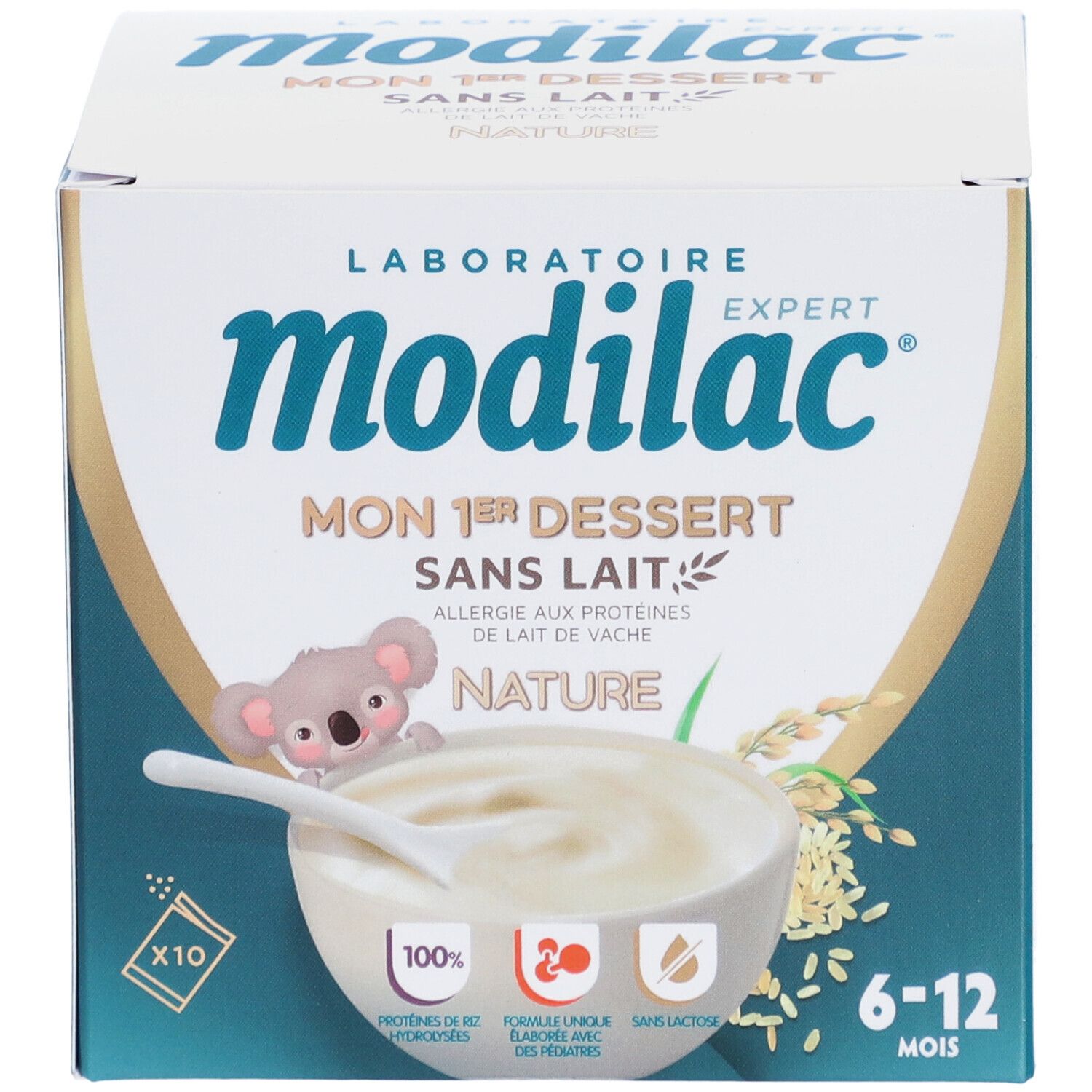 Boîte Modilac, face. Dessert sans lait nature. Illustration koala. 10 sachets. Recommandation d'âge: 6-12 mois.