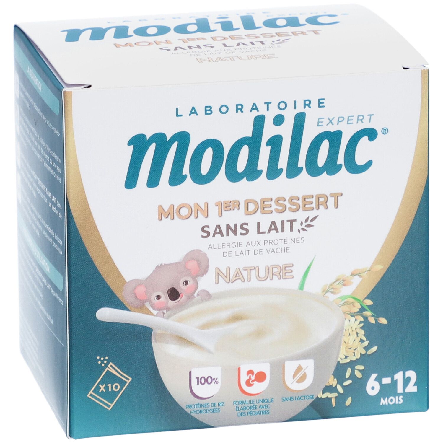 Boîte Modilac, face. Dessert sans lait nature. Illustration koala. 10 sachets. Recommandation d'âge: 6-12 mois.