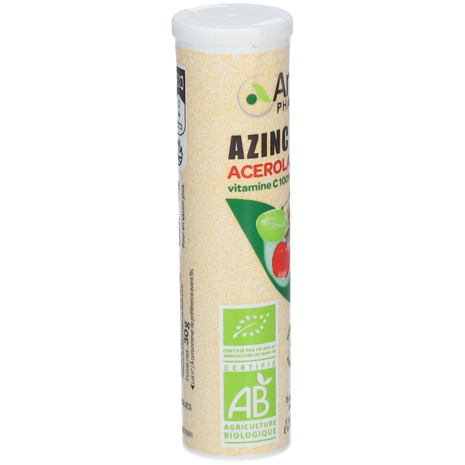 Zylindrische Verpackung mit Arkopharma AZINC BIO Acerola 1000. Bio-Zertifizierung AB. 30g Inhalt.