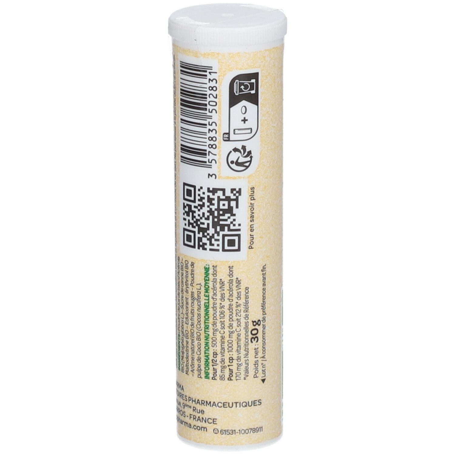 Rückseite der Verpackung von Arkopharma AZINC BIO Acerola 1000. QR-Code, Nährwertangaben, 30g Inhalt.
