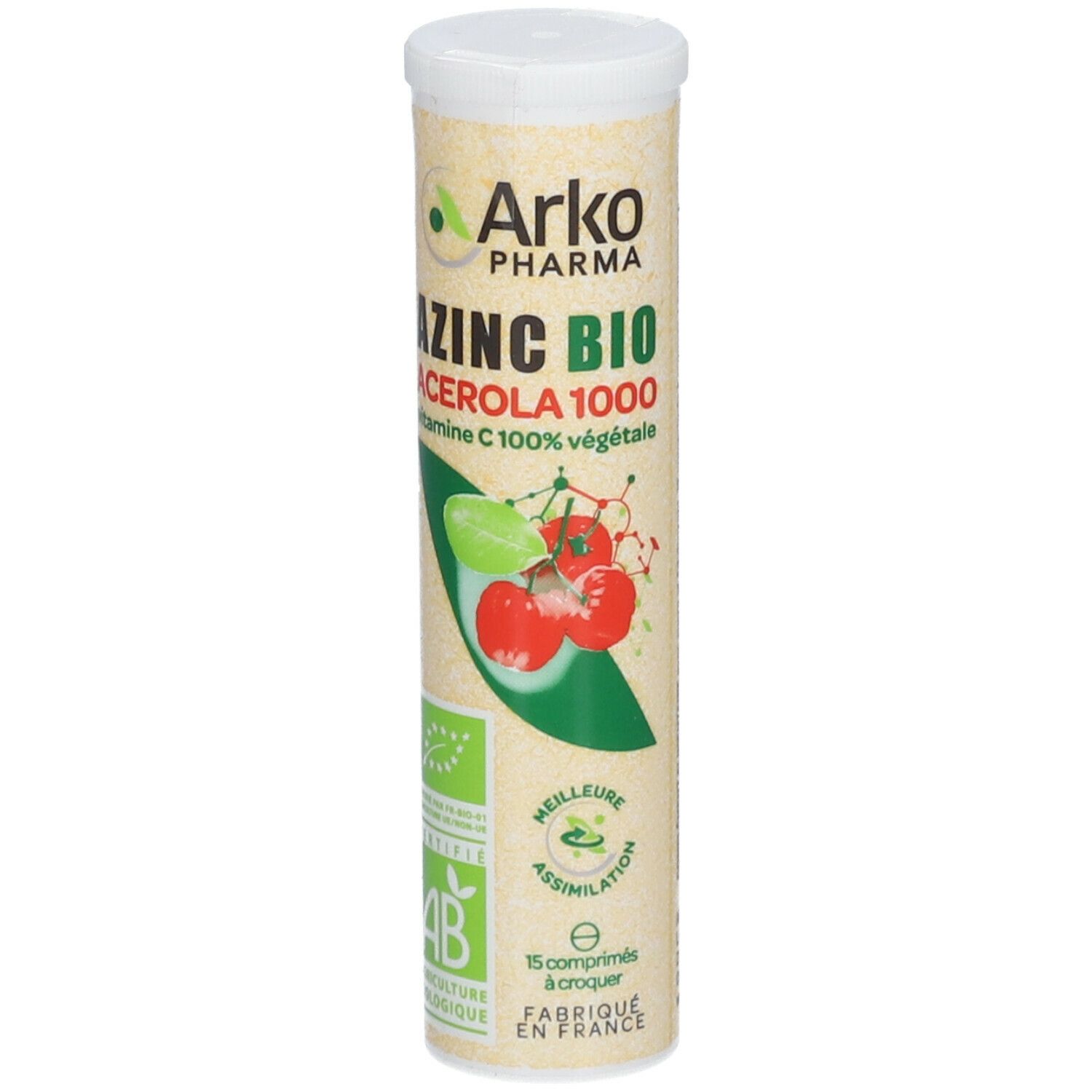 Zylindrische Verpackung Arkopharma AZINC BIO Acerola 1000. 15 Kautabletten. Bio-Siegel. Illustration mit Früchten.