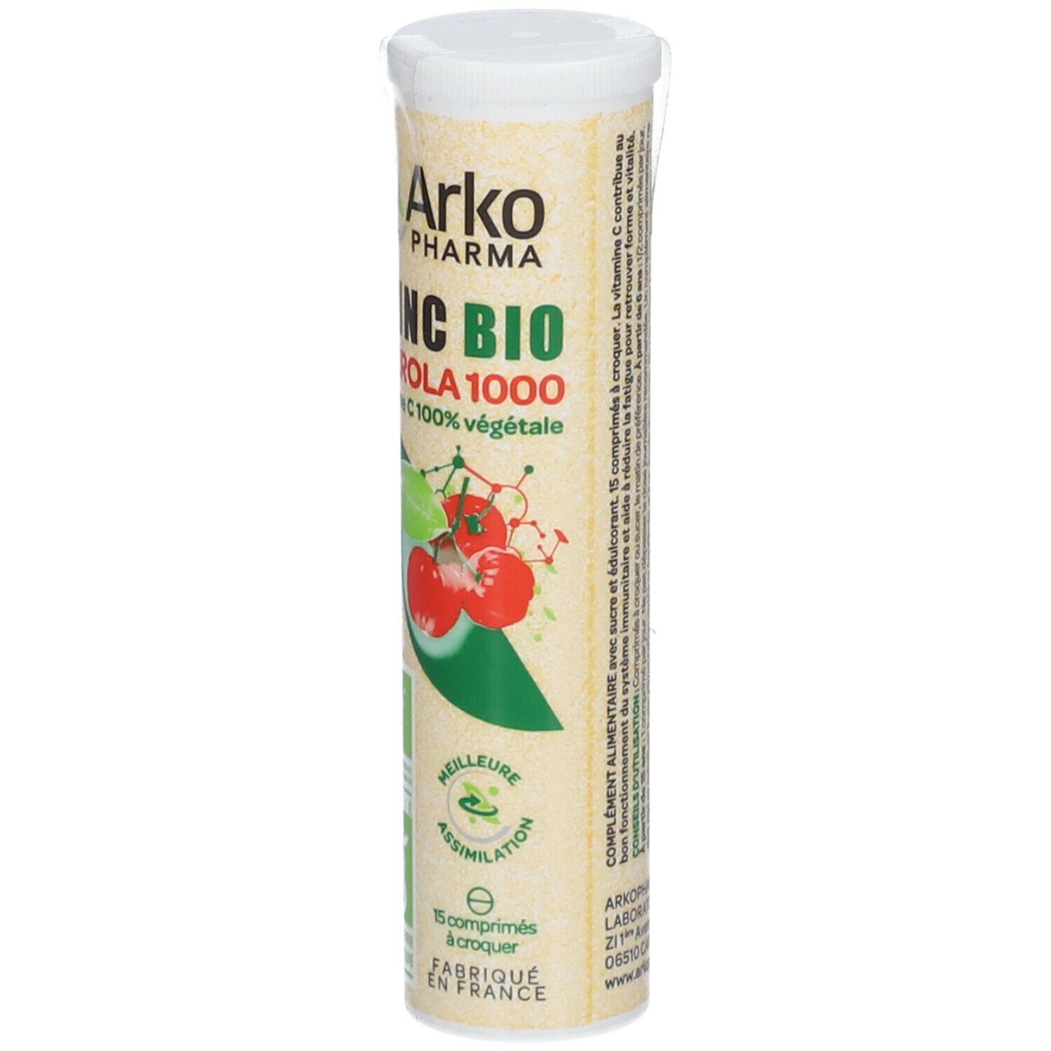 Zylindrische Verpackung Arkopharma AZINC BIO Acerola 1000. 15 Kautabletten. Illustration mit Früchten.