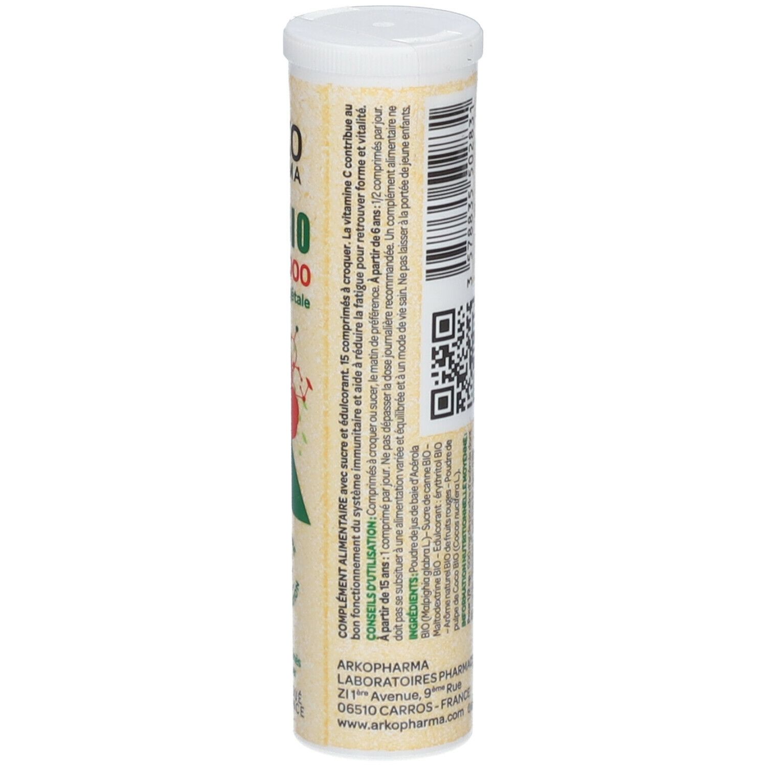 Rückseite der Verpackung Arkopharma AZINC BIO Acerola 1000. Nährwertangaben, Gebrauchsanweisung, Inhaltsstoffe.
