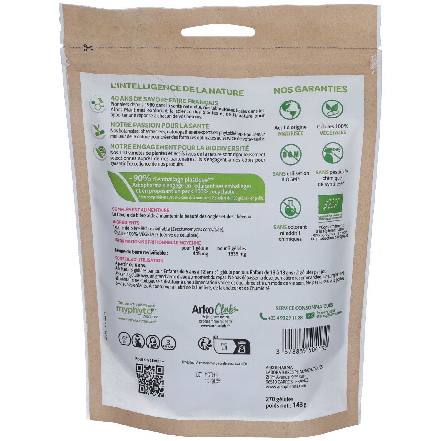 Rückseite der Arkogélules® BIO Bierhefe Verpackung. Text: L'intelligence de la nature, 90% d'emballage plastique en moins. 270 Kapseln, 143g.