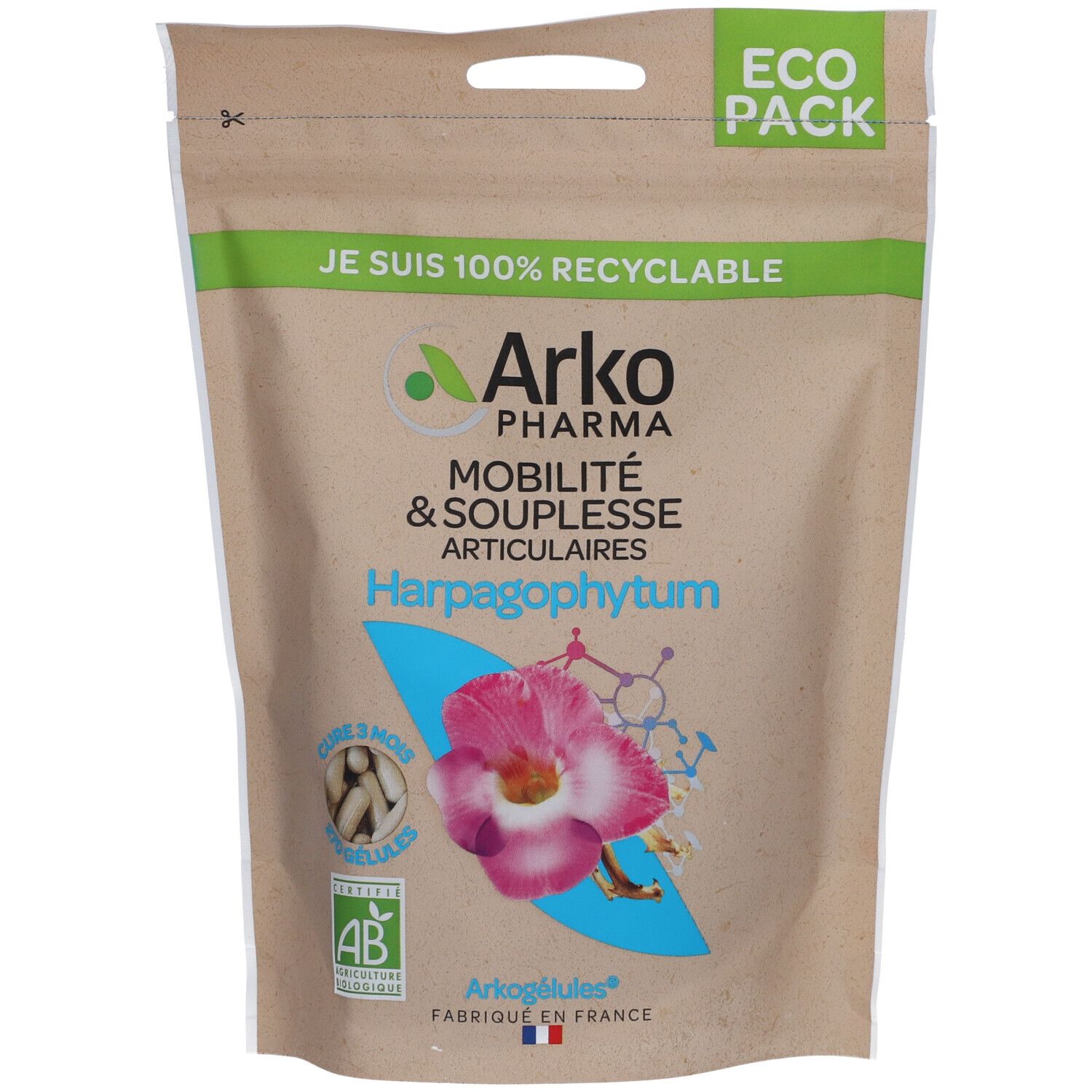 Sachet brun avec logo et nom du produit. Inscription : Mobilité & Souplesse Articulaires Harpagophytum. Label AB. ECO PACK.