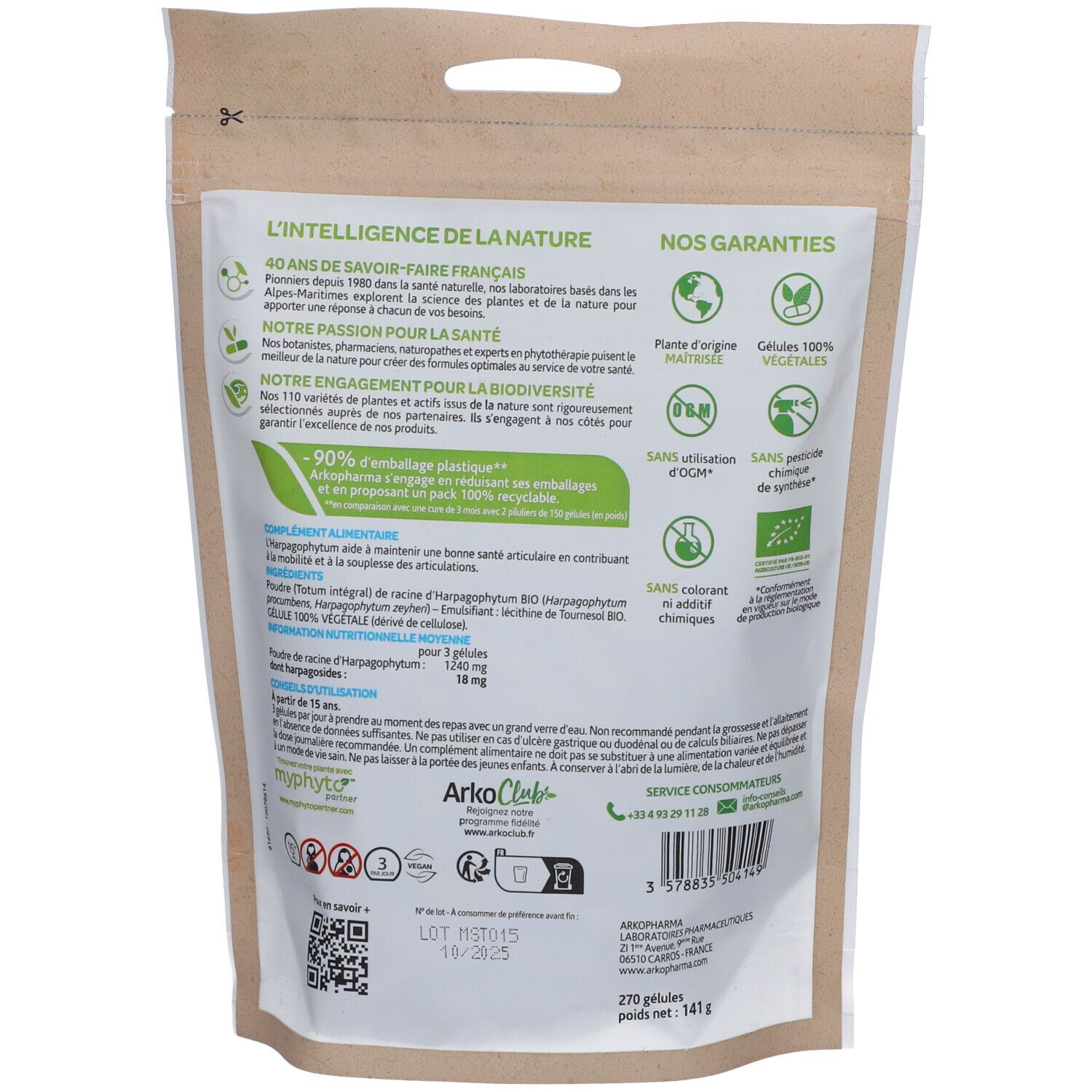 Dos du sachet brun avec texte et logos. Contient des informations sur le produit et des certifications. Label AB.