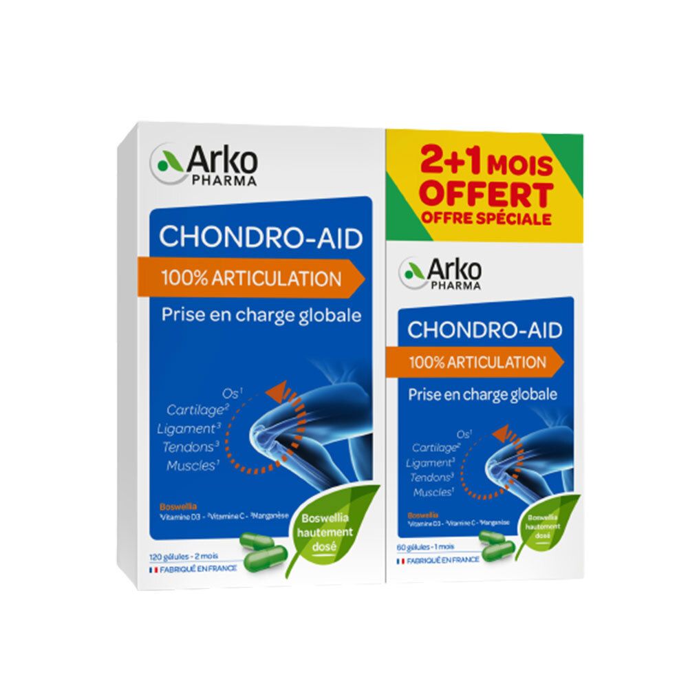 Deux boîtes de Arkopharma CHONDRO-AID 100% Articulation. Inscription : 2+1 offert. Emballage bleu et blanc avec informations et gélules vertes.
