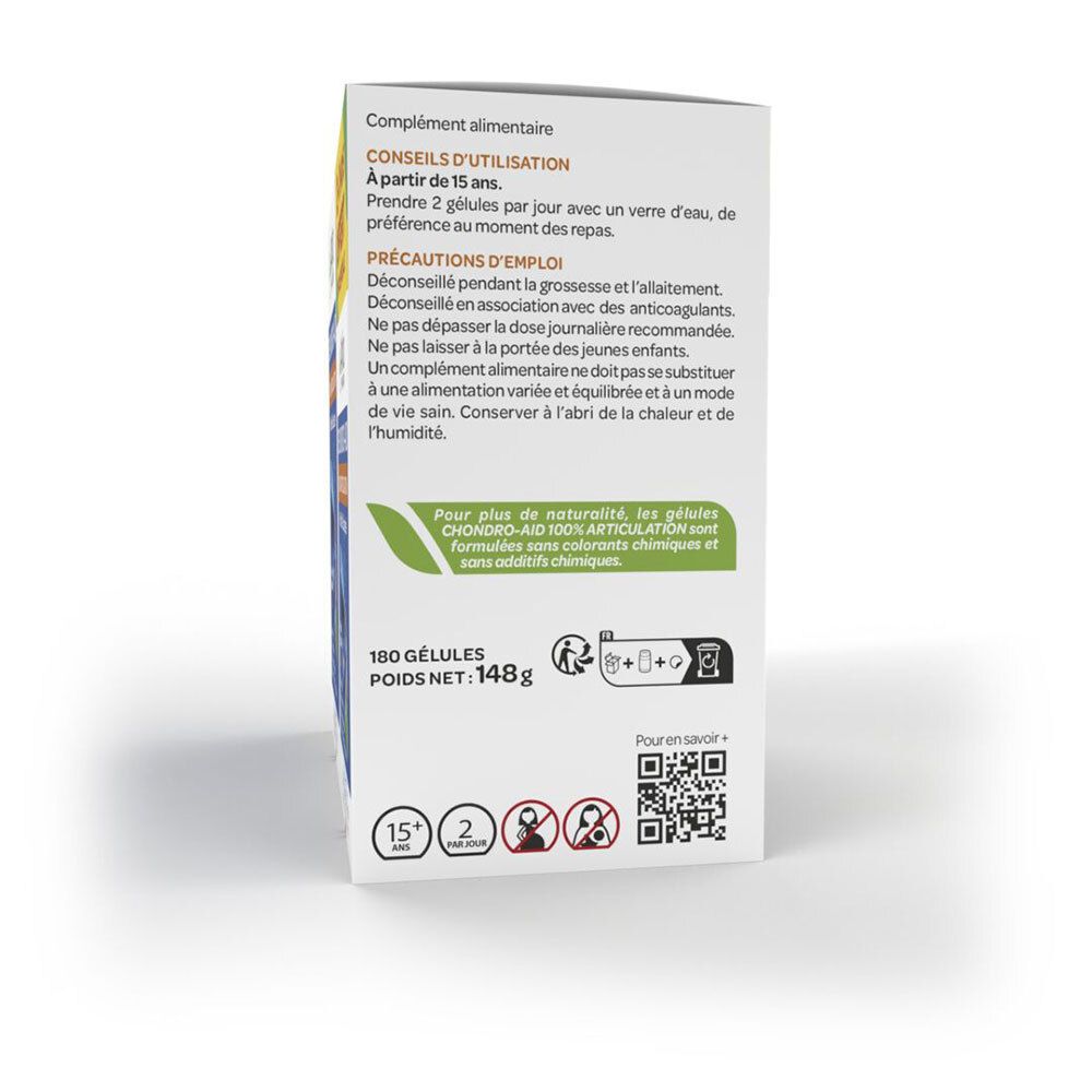 Côté de l'emballage Arkopharma CHONDRO-AID 100% Articulation. Texte sur l'utilisation, les précautions et les ingrédients. Fond blanc.
