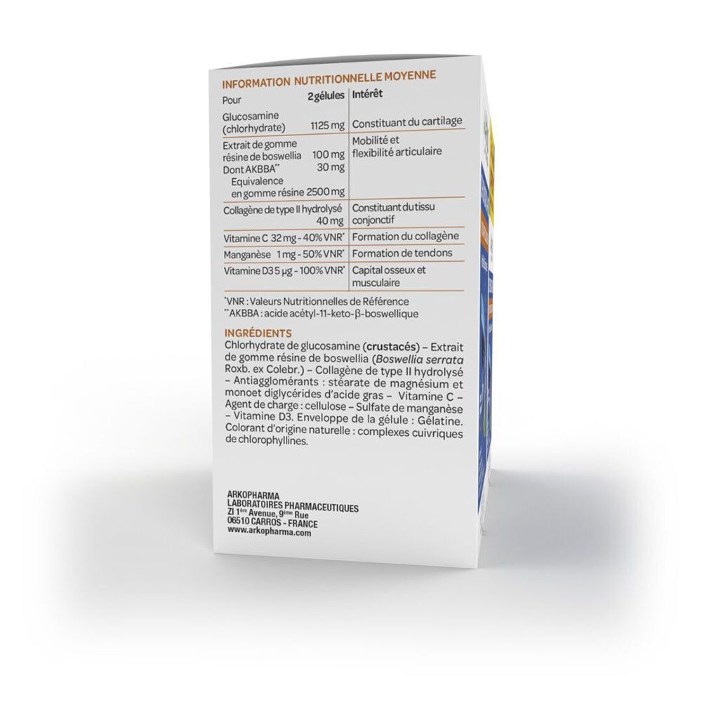 Côté de l'emballage Arkopharma CHONDRO-AID 100% Articulation. Informations nutritionnelles et ingrédients. Fond blanc.