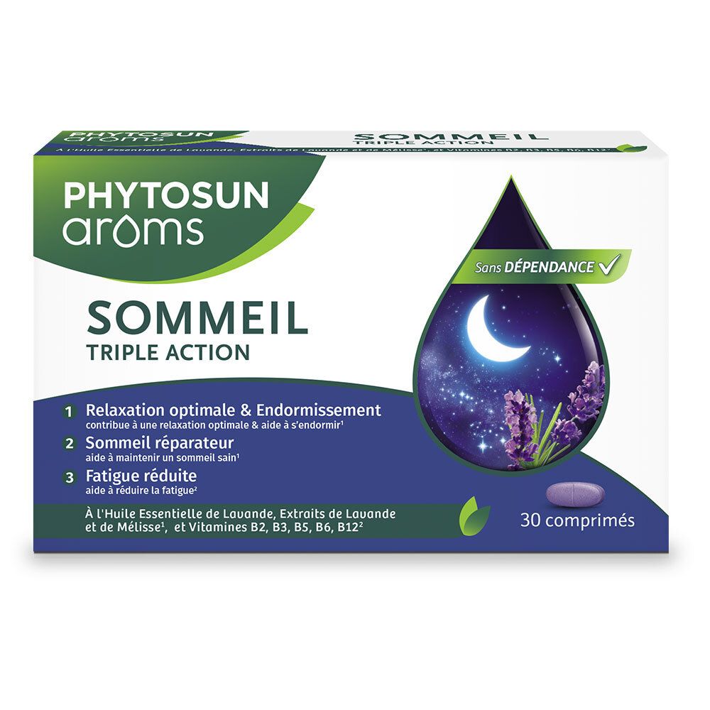 Boîte de Phytosun Arôms SOMMEIL TRIPLE ACTION, 30 comprimés. Inscription : SOMMEIL TRIPLE ACTION. Sans dépendance.