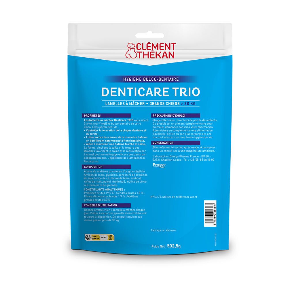 Dos du paquet avec informations sur le produit. Inscription: DENTICARE TRIO. Marque: Clement Thékan. Texte en français.