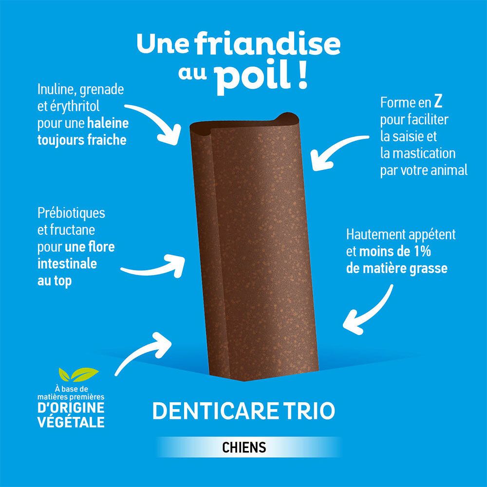 Gros plan sur une friandise à mâcher. Texte: DENTICARE TRIO, pour chiens. Flèches pointant vers ingrédients et forme.