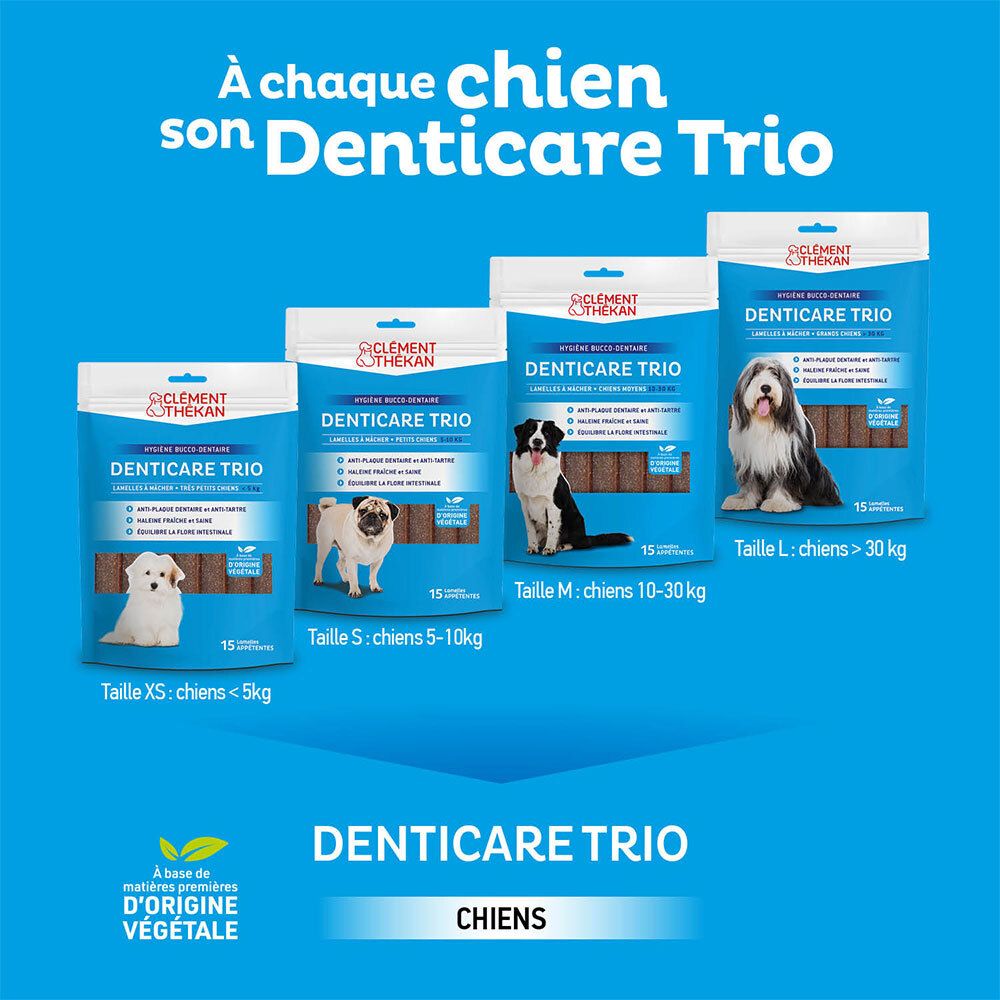 Différentes tailles d'emballage de DENTICARE TRIO. Tailles pour chiens de <5kg à >30kg. Marque: Clement Thékan.