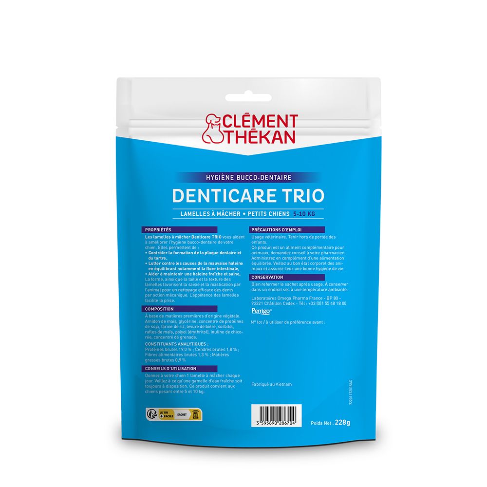 Dos du sachet avec informations produit. Texte: Clement Thékan, Denticare Trio, ingrédients, utilisation, conservation.