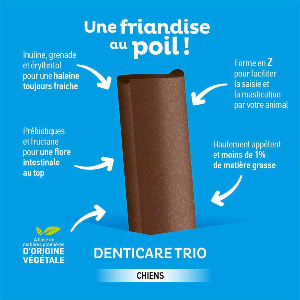 Gros plan sur une friandise pour chien en forme de Z. Texte: Inuline, érythritol, prébiotiques, fructanes, Denticare Trio.