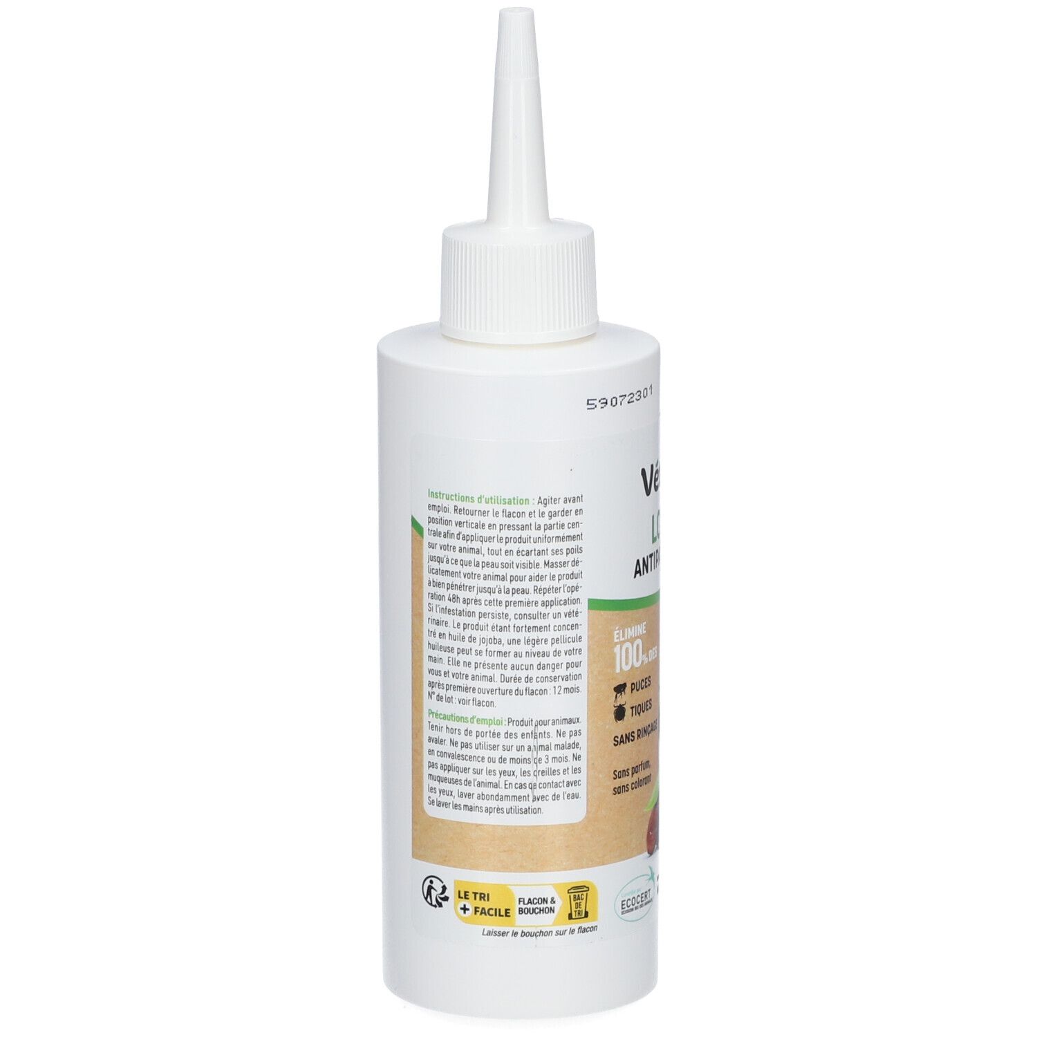 Flacon blanc avec embout pointu. Texte sur fond marron. Informations et instructions sur le produit.