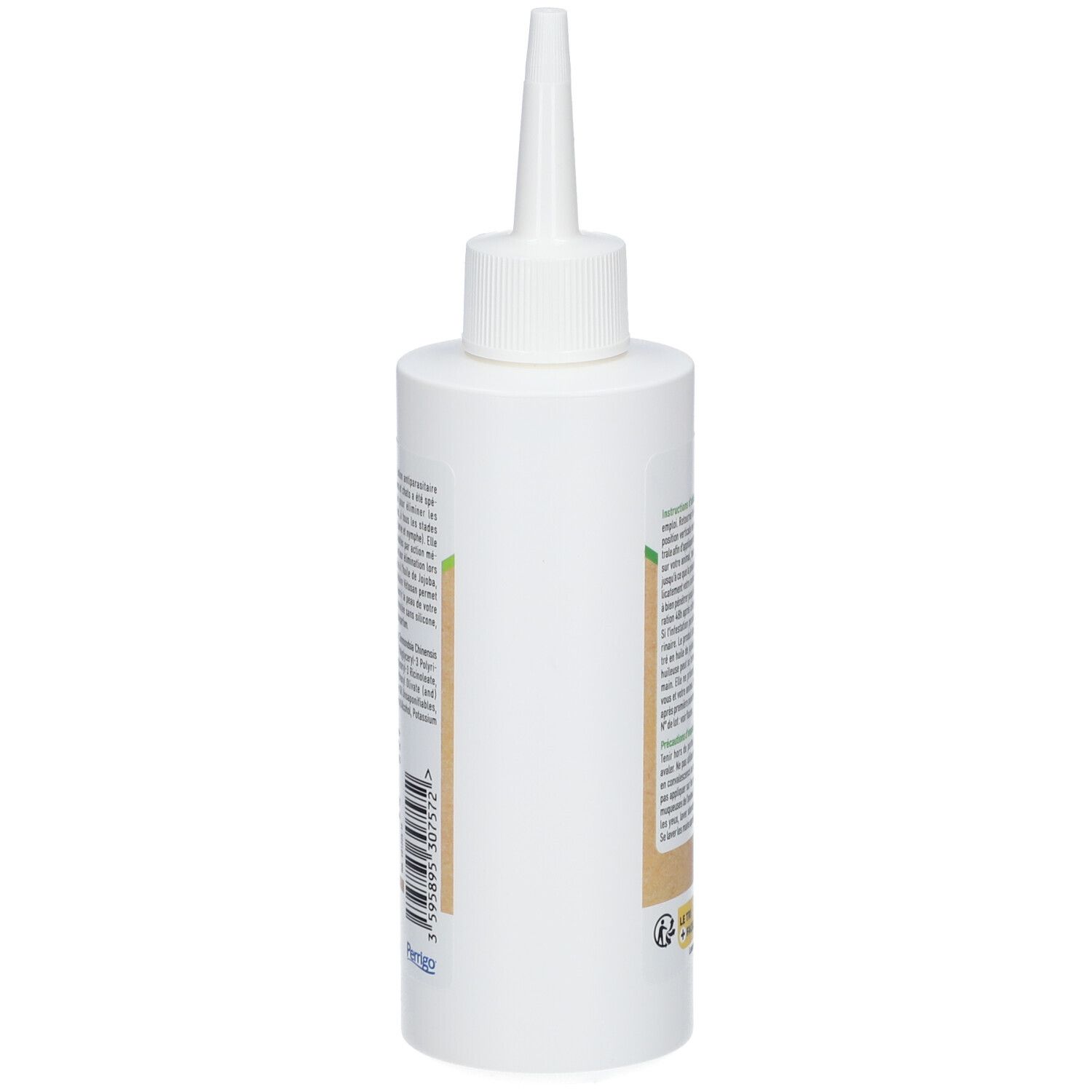 Flacon blanc avec embout pointu. Dos avec texte et code-barres. Informations sur le produit.