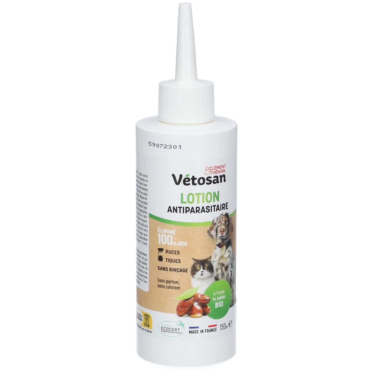 Flacon blanc avec embout pointu. Inscription : Vétosan Lotion Antiparasitaire. Image d'un chien et d'un chat.