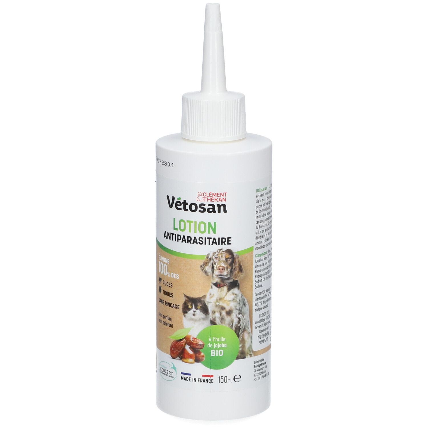 Flacon blanc avec embout pointu. Inscription : Vétosan Lotion Antiparasitaire. Image d'un chien et d'un chat.