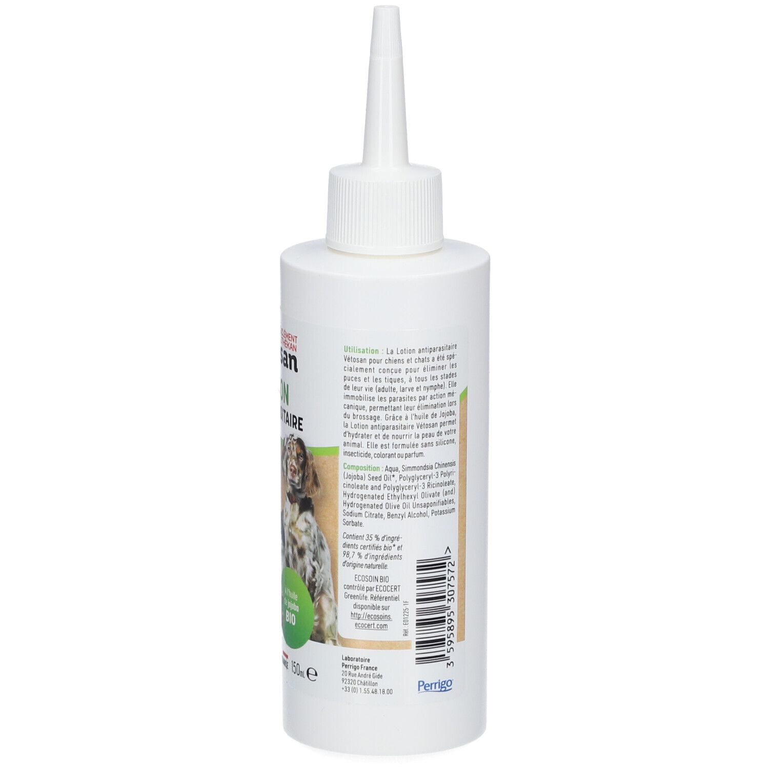 Flacon blanc avec embout pointu. Dos avec texte et code-barres. Informations sur le produit.