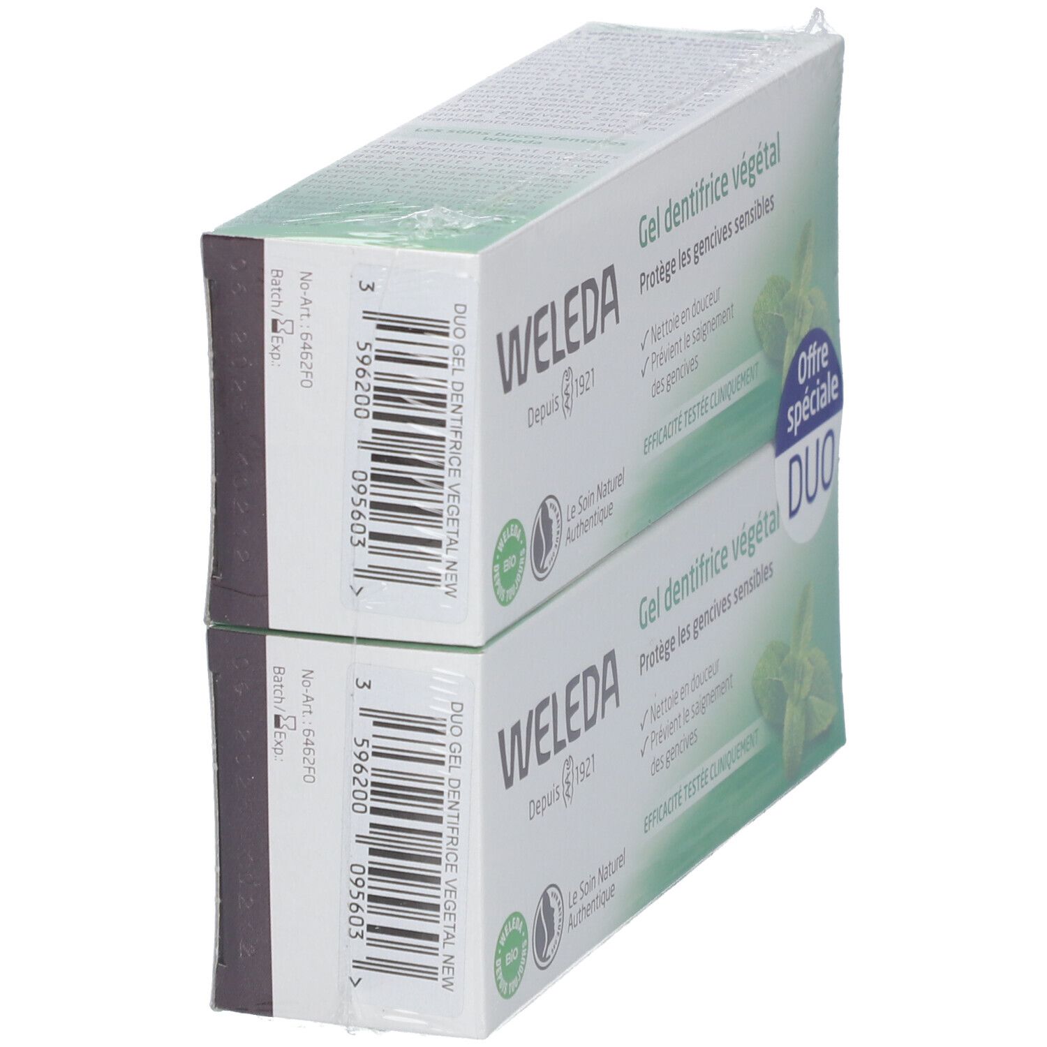 Twee op elkaar liggende dozen WELEDA tandgel. Duo-verpakking. Opschriften: bio-keurmerk, "Gel dentifrice végétal".