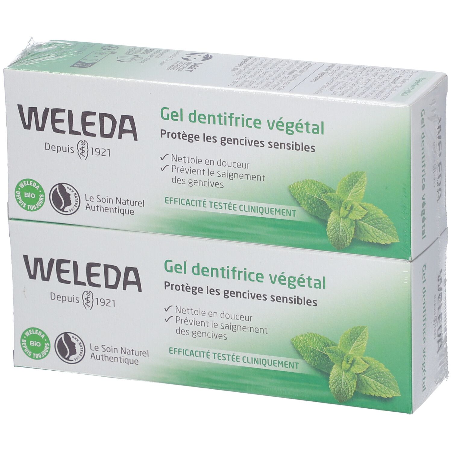 Twee dozen WELEDA tandgel. Duo-verpakking. Opschriften: bio-keurmerk, "Gel dentifrice végétal", illustratie van munt.