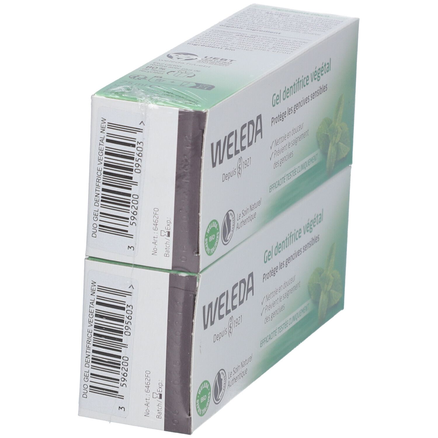 Twee op elkaar liggende dozen WELEDA tandgel. Duo-verpakking. Opschriften: bio-keurmerk, "Gel dentifrice végétal".