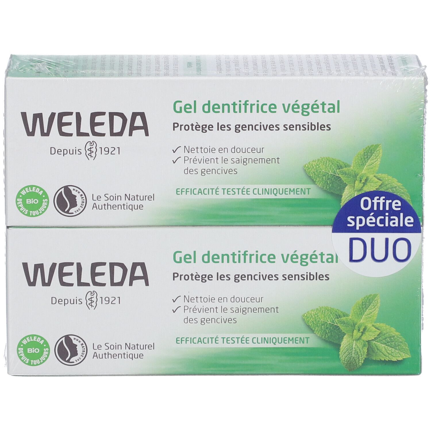 Twee dozen WELEDA tandgel. Duo-verpakking. Opschriften: bio-keurmerk, "Gel dentifrice végétal", illustratie van munt.