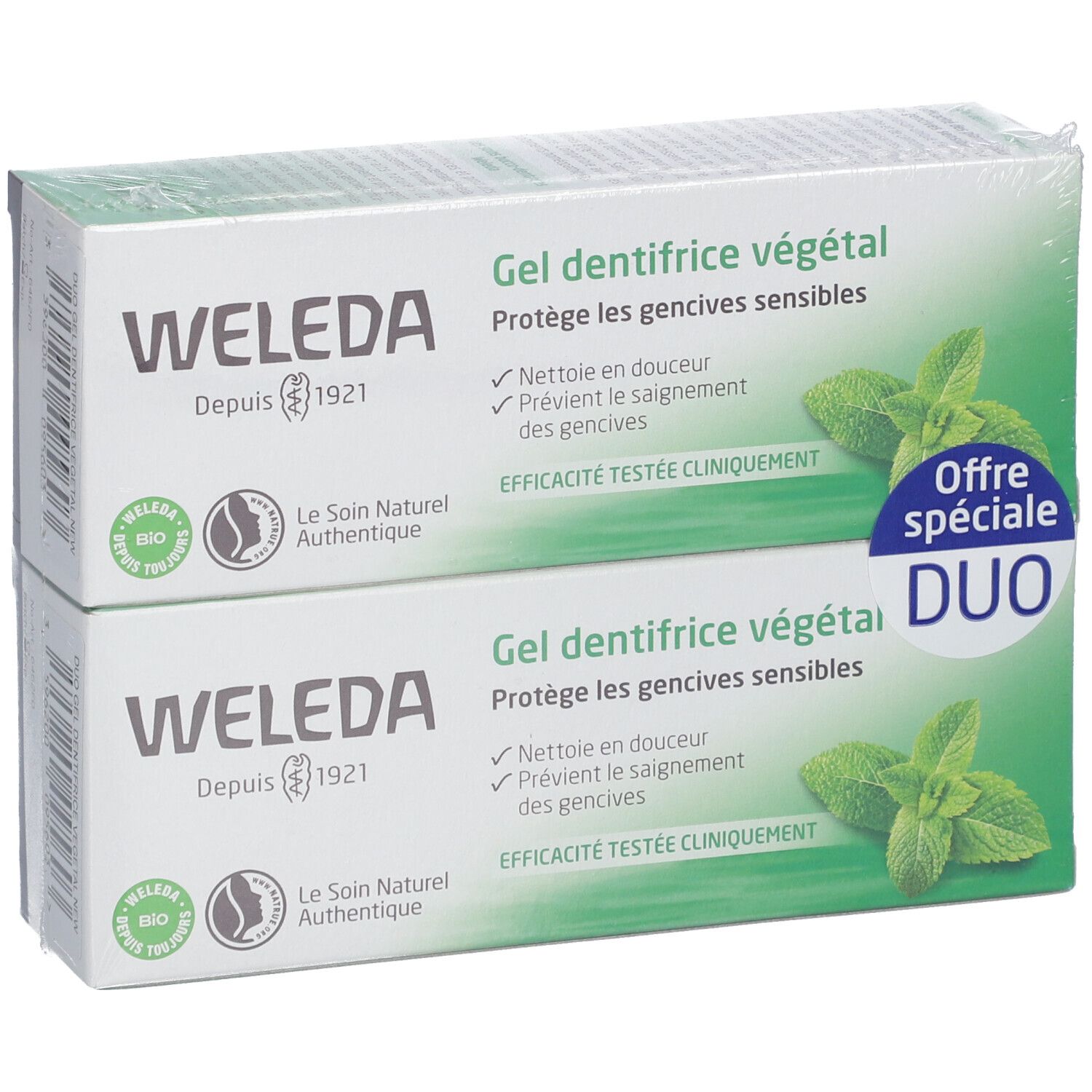 Twee dozen WELEDA tandgel. Duo-verpakking. Opschriften: bio-keurmerk, "Gel dentifrice végétal", illustratie van munt.