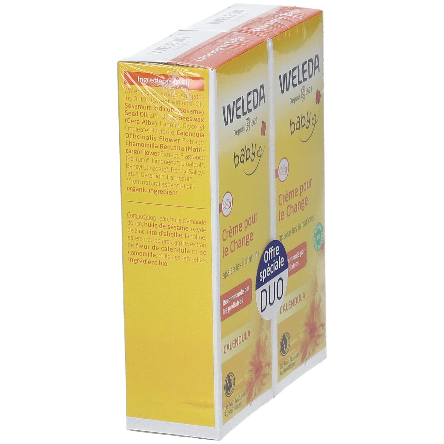 Deux boîtes jaunes "WELEDA baby Crème pour le Change". Vue latérale avec ingrédients et certifications.