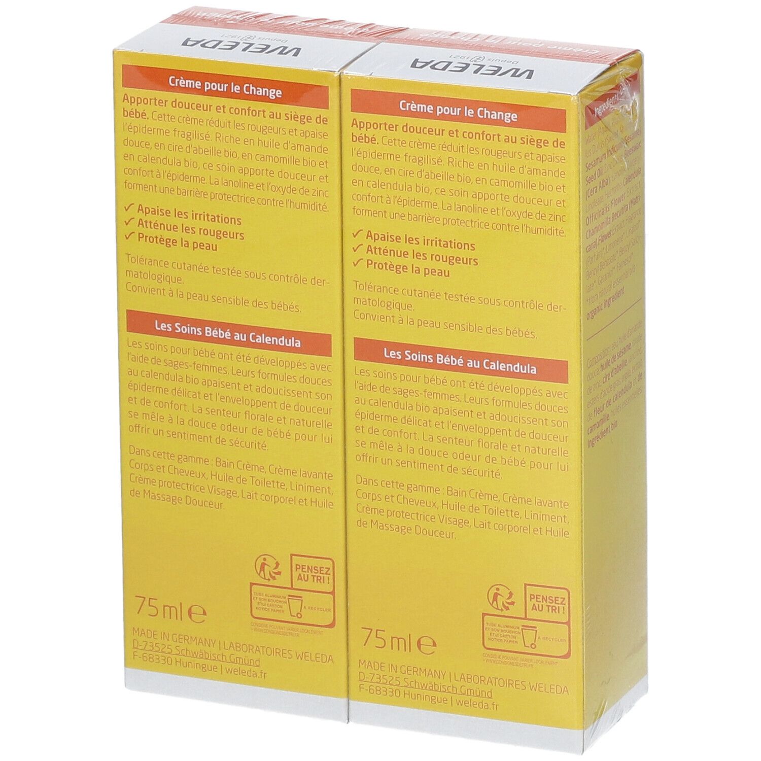Deux boîtes jaunes "WELEDA baby Crème pour le Change". Dos avec informations produit et texte.