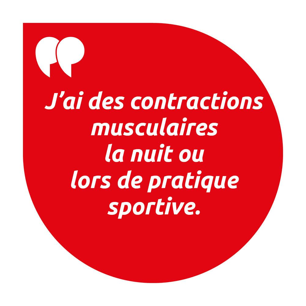 Cercle rouge avec texte: J'ai des contractions musculaires la nuit ou lors de pratique sportive.