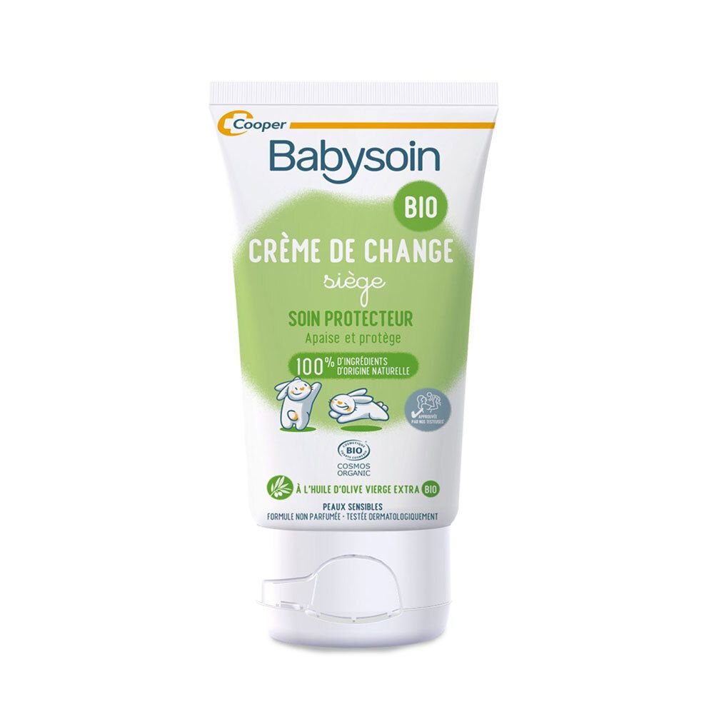 Tube Babysoin crème. Groen-witte verpakking, tekst: Crème de Change, 100% natuurlijke ingrediënten, bio-certificering.