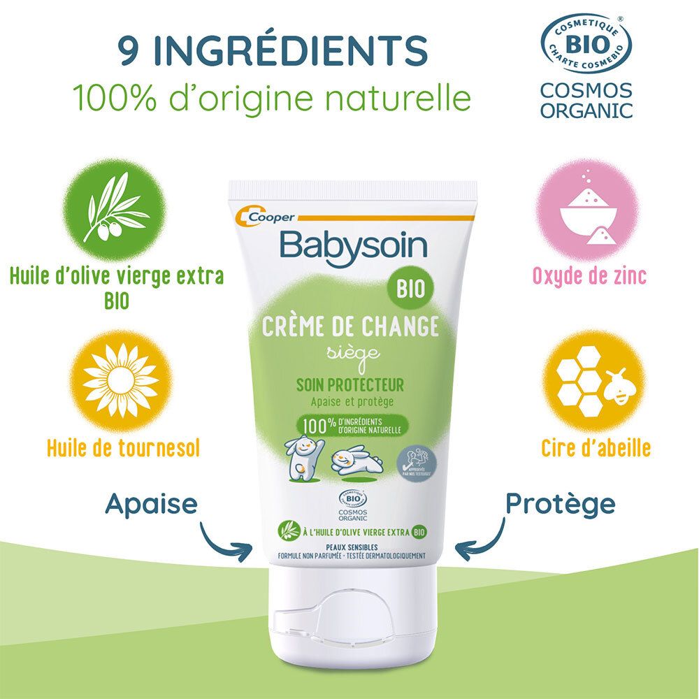 Grafiek met ingrediënten Babysoin crème: olijfolie, zonnebloemolie, zinkoxide, bijenwas. Bio-certificering.