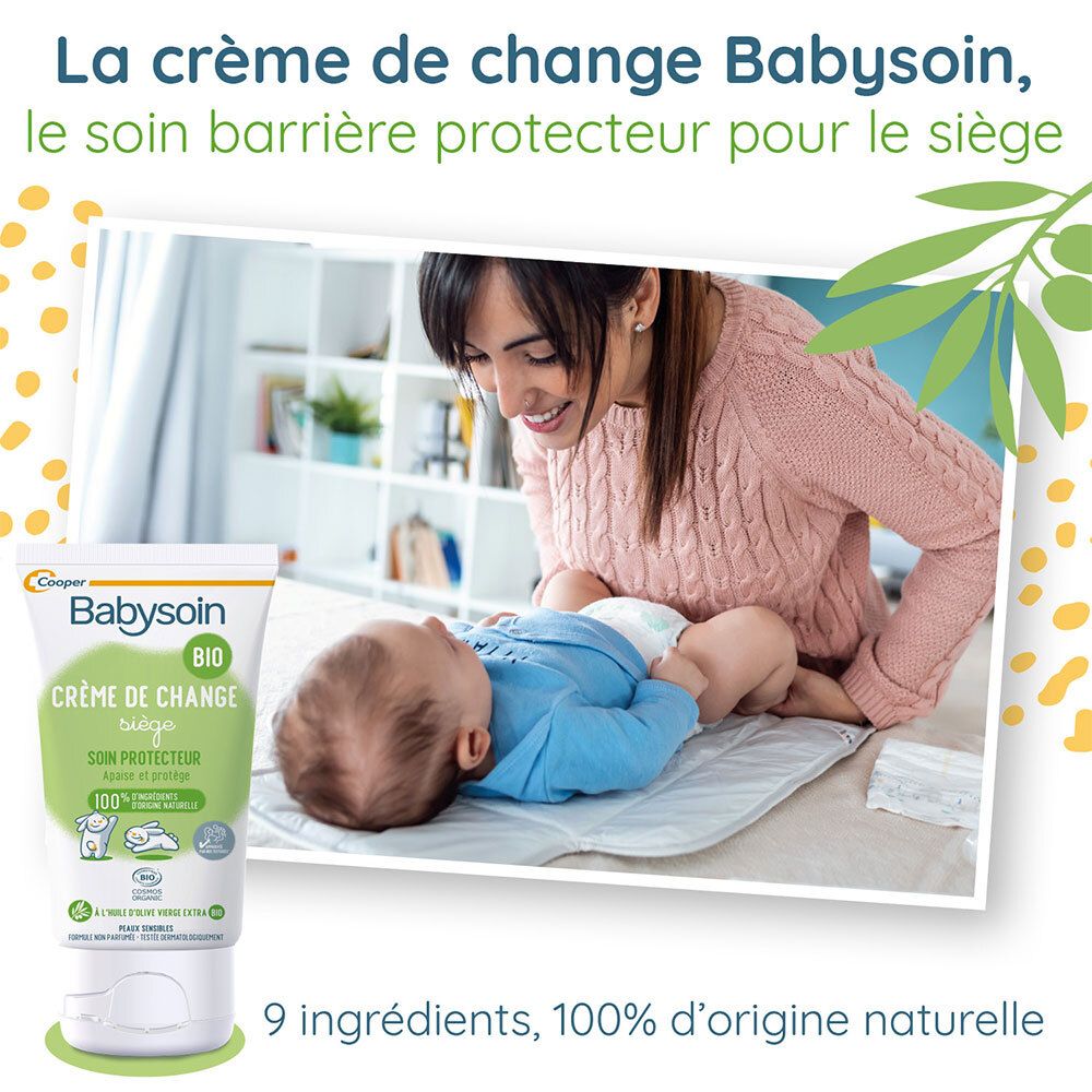 Vrouw en baby. Baby op aankleedkussen. Babysoin crème en tekst: Crème de Change, 100% natuurlijke ingrediënten.