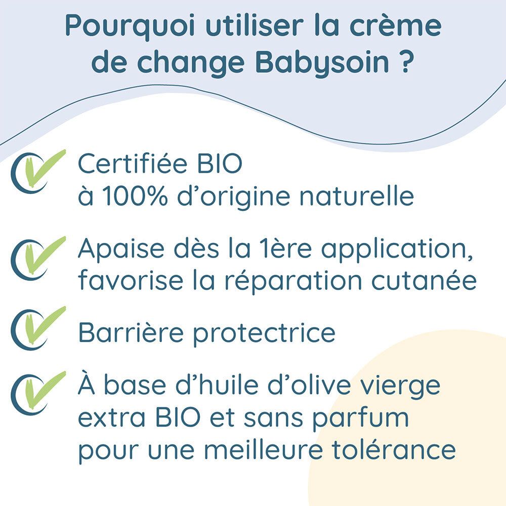 Voordelen van Babysoin crème: bio-gecertificeerd, kalmeert, beschermt, met olijfolie. Tekst.