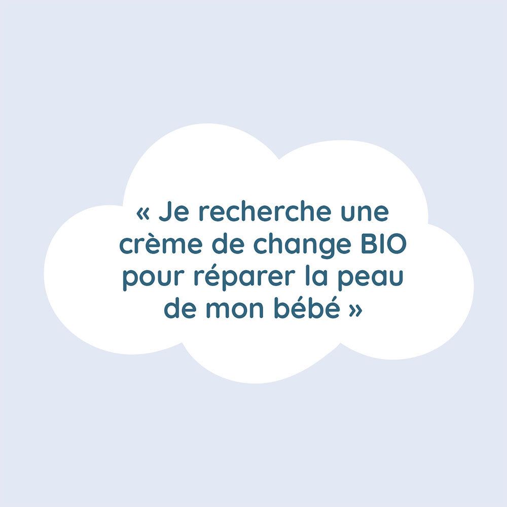 Tekst in een tekstballon: Ik zoek een bio-luiercrème om de huid van mijn baby te herstellen.