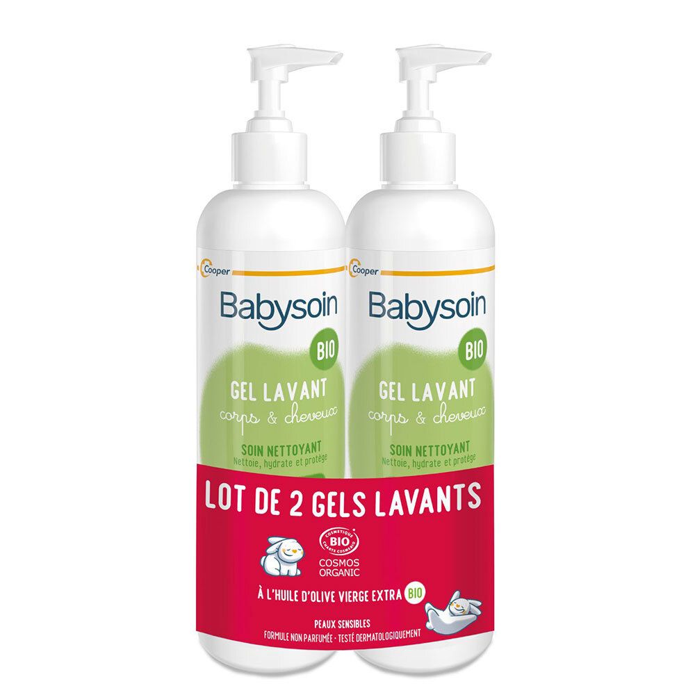 Deux flacons blancs avec pompe. Inscription: Babysoin, Gel Lavant, BIO. Étiquette rouge: Lot de 2 gels lavants.