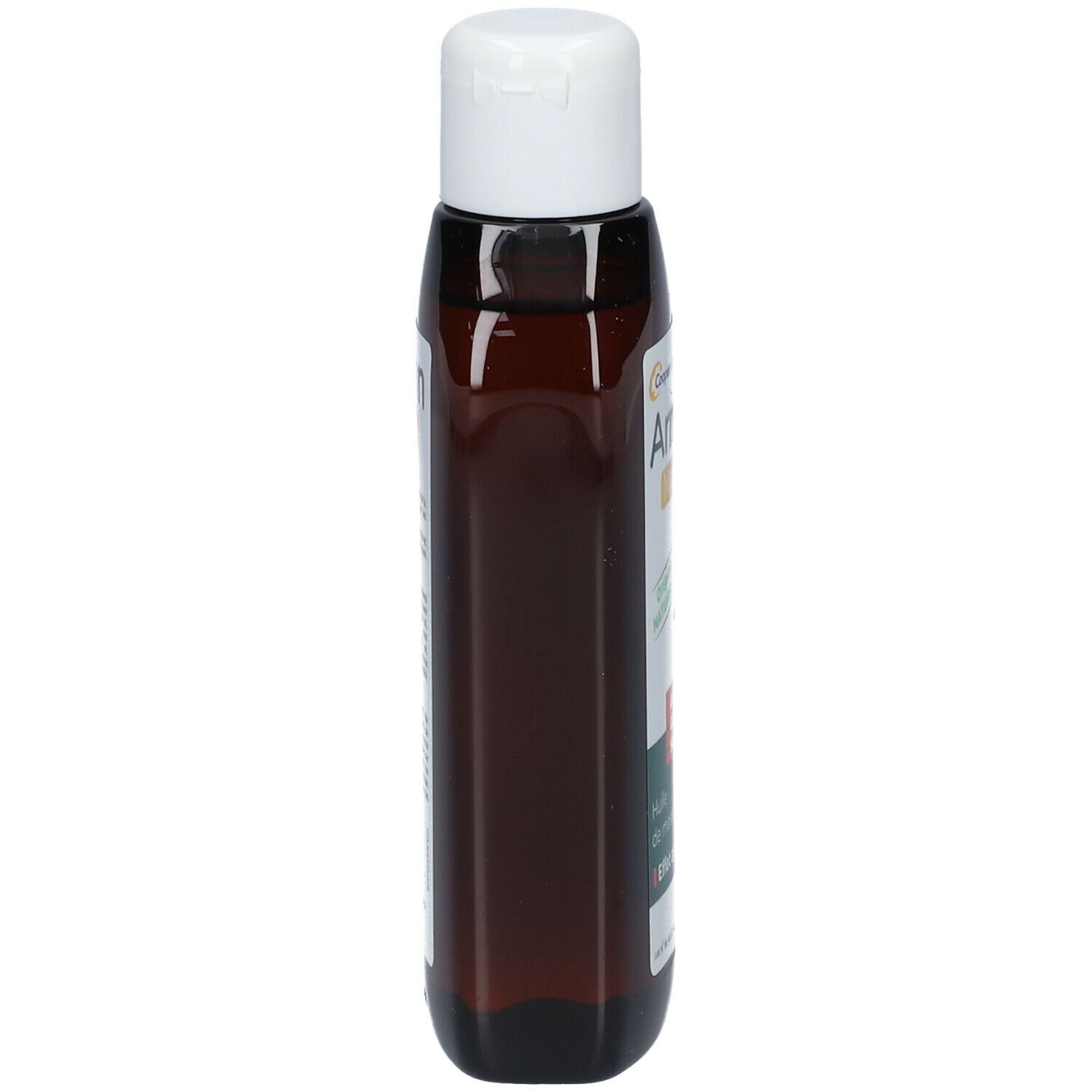 Braune Flasche mit weißem Deckel, Seitenansicht. Etikett mit Produktinformationen.