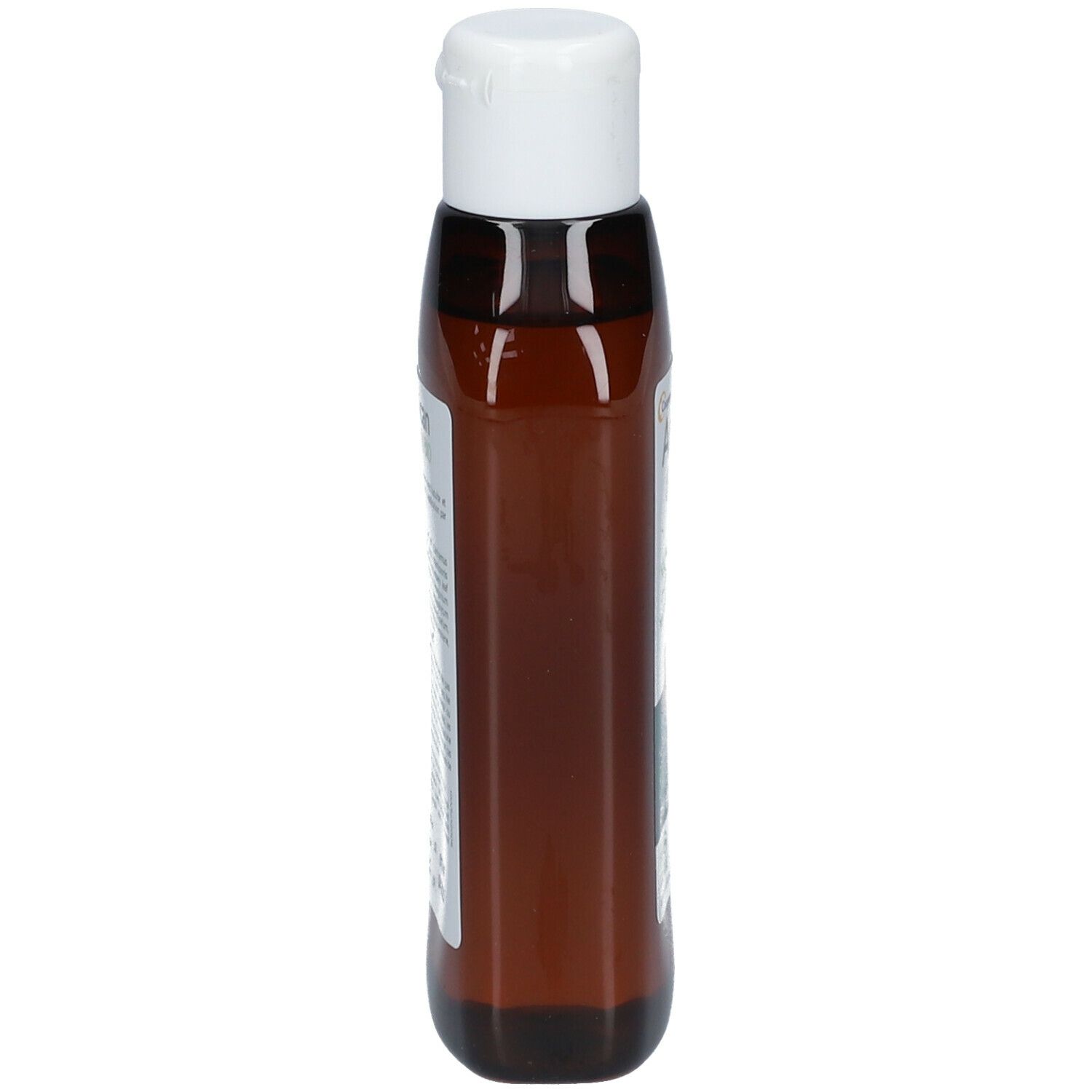 Braune Flasche mit weißem Deckel. Seitenansicht.