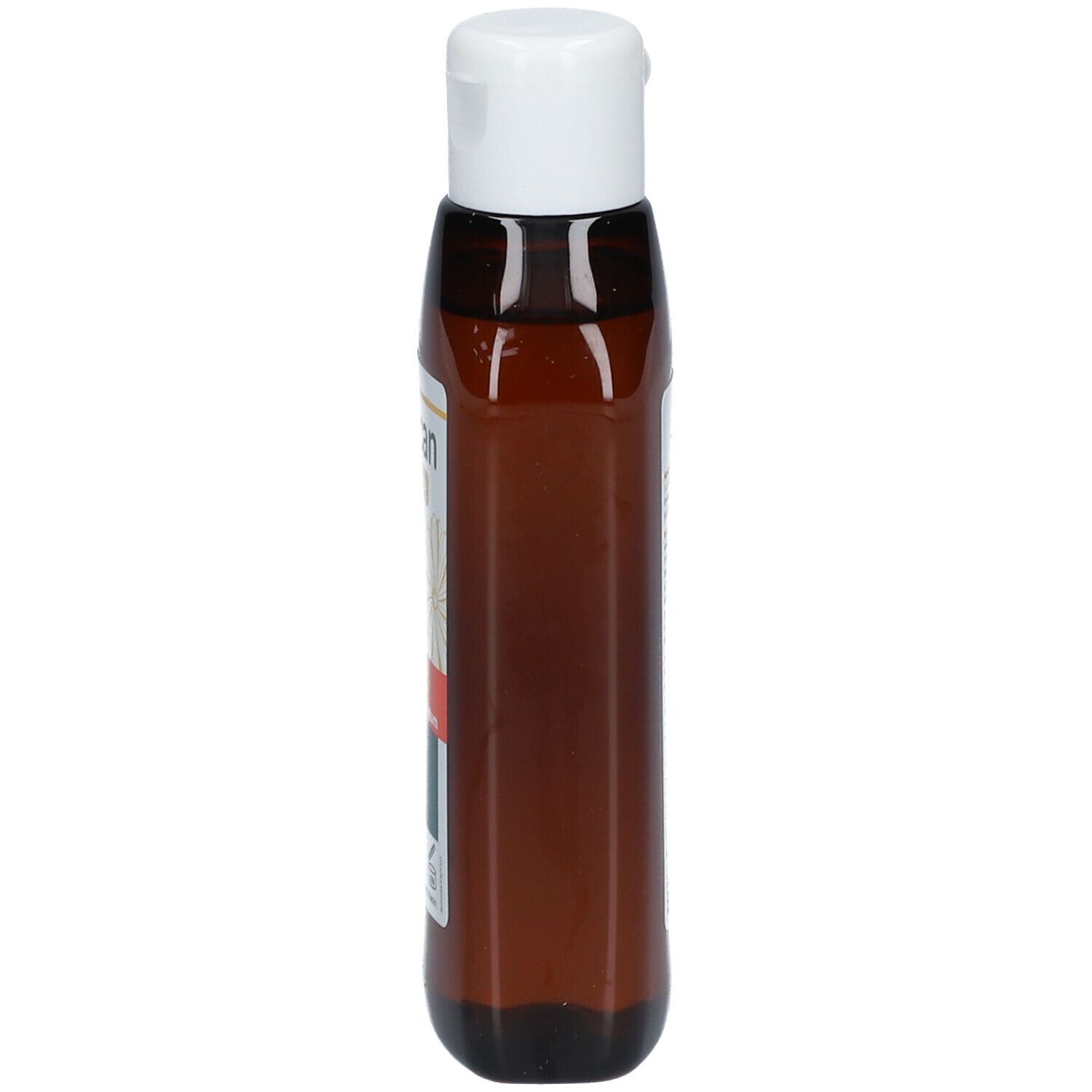 Braune Flasche mit weißem Deckel. Seitenansicht mit Etikett.