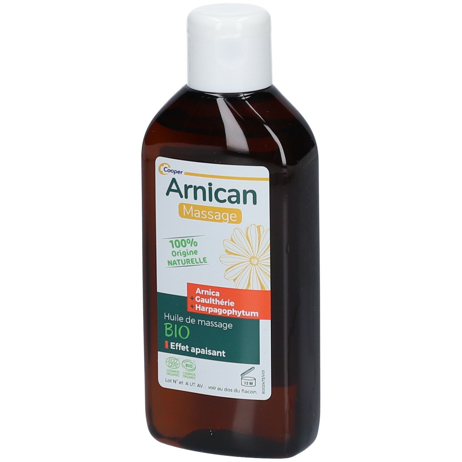 Braune Flasche mit weißem Deckel. Etikett "Arnican Massage BIO".